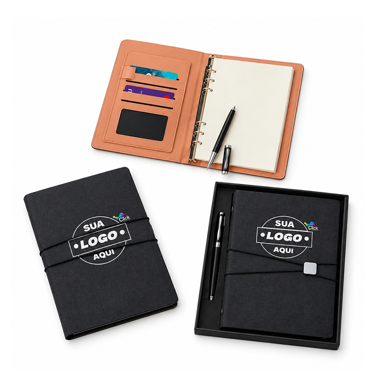 Anote tudo e organize os cartões com o nosso Kit Executivo! Ele vem com uma caneta metálica super sofisticada de 1.0mm na cor preta e um caderno fichário de aproximadamente 96 folhas removíveis, ou seja, dá para trocar, reorganizar e deixar tudo do seu jeito! Os seis anéis garantem praticidade, e a capa dura em tecido sintético traz aquele toque elegante durante os registros e planejamentos. E tem mais! São quatro espaços para cartões, sendo um com visor transparente, espaço para guardar anotações, suporte para caneta e fechamento em elástico para manter tudo seguro.  Para um toque exclusivo, ainda acompanha uma plaquinha para personalização e embalagem. 

Altura :  26,4 cm

Largura :  21,3 cm

Espessura :  3,1 cm

Medidas aproximadas para gravação (CxL):  Plaquinha: 1,5 cm x 5,5 cm / Caderneta: 8 cm x 13 cm / Caneta: 4 cm x 0,3 cm



